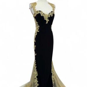 Eureka Evening Gown with Gold Lace Appliqué